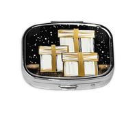Golden Christmas Trees - Pastillero cuadrado de metal, organizador de medicamentos de viaje, 2 compartimentos, portátil, pequeño estuche de almacenamiento