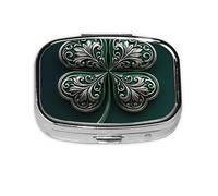 Golden Clover Elegance - Pastillero cuadrado de metal, organizador de medicamentos de viaje, 2 compartimentos, portátil, pequeño estuche de almacenamiento