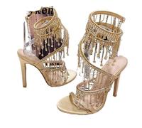 Golden Crystal Rhinestone Women's Sandals Fashion String Bead Nightclub Stiletto Heel Wrap Strap Peep Toe Summer Shoes(Golden,40)