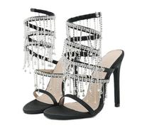 Golden Crystal Rhinestone Women's Sandals Fashion String Bead Nightclub Stiletto Heel Wrap Strap Peep Toe Summer Shoes(Black,37)