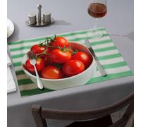 Golden Girls Gifts - Manteles individuales amarillos con diseño de tomates cherry frescos en un cuenco blanco sobre un mantel a rayas verdes y blancas (1 unidad)