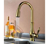 Golden - Grifo de cocina retro con una sola mano, rociador giratorio de 360°, grifo mezclador de un solo agujero con aireador, grifo de fregadero de cocina montado en la cubierta