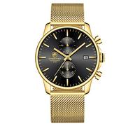 GOLDEN HOUR Reloj de Cuarzo analógico de Malla de Acero Inoxidable a Prueba de Agua con cronógrafo Minimalista de Moda para Hombre con Fecha automática (Gold/Black Dial)