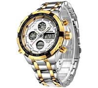 GOLDEN HOUR Reloj de Pulsera analógico Digital de Acero Inoxidable para Hombres y Hombres al Aire Libre, Resistente al Agua, Gran Reloj de Pulsera (Silver Gold White)