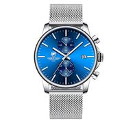 GOLDEN HOUR - Reloj de Pulsera Deportivo para Hombre, de Cuarzo, analógico, de Malla Negra, de Acero Inoxidable, Resistente al Agua, con cronógrafo, Fecha automática en manecillas Azul/Rojo/Dorado