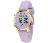 GOLDEN HOUR Reloj deportivo digital impermeable para mujer con correa de silicona, calendario de alarma, cronómetro, cronógrafo, 32 mm, caja de oro rosa, Morado claro/oro rosa