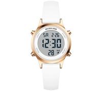 GOLDEN HOUR Reloj Digital Mujer, Deportivo Impermeable 5 ATM, Correa Silicona 12mm, Movimiento Japonés, Luz LED, Alarma, Cronómetro, Ideal Deporte y Diario (Blanco/Oro Rosa)