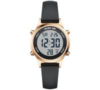 GOLDEN HOUR Reloj Digital Mujer, Deportivo Impermeable 5 ATM, Correa Silicona 12mm, Movimiento Japonés, Luz LED, Alarma, Cronómetro, Ideal Deporte y Diario (Negro/Oro Rosa)