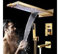 Golden LED Wall Mounted Shower Set Faucets Rainfall Waterfall Shower Head 3 Way Function Single Handle Mixer Tap Shower,Shower Faucet Set