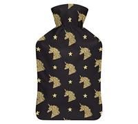 Golden Magic Unicorn Head - Botella de agua de goma con cubierta de felpa suave, bolsa de agua caliente para invierno, manos y pies, protección contra el frío, 1000 ml