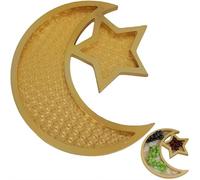 Golden Moon and Star Ramadan Tray - Bandeja de madera de 12 pulgadas para servir Eid Mubarak para decoración del hogar, alimentos y aperitivos - Plato decorativo de media luna para fiesta de Ramadán