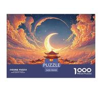 Golden Moon with Crescent 1000 Pzas Papel Premium Rompecabezas Dreamlike Night Sky Alivio Estrés Jigsaw Decoración Amigos 70x50cm/1000pcs