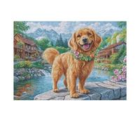 Golden Retriever Campo de Flores Cute Pet Wildlife Puzzles 300 Piezas Estera Portátil 3D Tiempo Feliz Rompecabezas Familiar para Adultos Aliviar Estrés Decoración Hogar Moderno Creativo 300 PCS