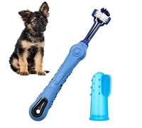 Golden Retriever - Cepillo de dientes para perro, 2 unidades, color azul, para el cuidado de la lengua y los dientes premolares, 3 cepillos de dientes de tres caras y cepillo de dientes suave de silicona para dedos, suave, grado medio