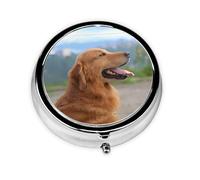 Golden Retriever Dog Este pequeño pastillero redondo es un organizador portátil de medicamentos de viaje con tres compartimentos para almacenar medicamentos diarios.