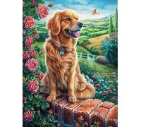 Golden Retriever en el jardín Rompecabezas 500 Piezas Cartón para Toda La Familia Pintura al óleo de Animales y Plantas Juego Compartir Estimulación Cognitiva Regalo Fin De Año Mejor Valorado 500 PCS