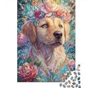 Golden Retriever Ilustración Floral Puzzle de 1000 Piezas para Adultos Papel Arte Floral Juego Relajante Decoración Hogar Regalo 38x26cm/1000pcs