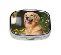 Golden Retriever - Pastillero cuadrado de metal, organizador de medicamentos de viaje, 2 compartimentos, portátil, pequeño estuche de almacenamiento