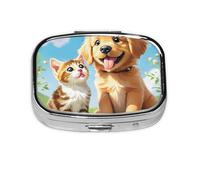 Golden Retriever - Pastillero cuadrado para gatos, mini organizador de medicamentos de viaje de metal, 2 compartimentos, bolsillo portátil, pequeño estuche de almacenamiento