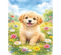 Golden Retriever Puppy Composition Notebook: Fluffy Golden Retriever Puppy in a field of watercolor flowers and blue sky for children and adults