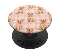 Golden Retriever Puppy Lazo Rosa Gingham Sweet Dog Design PopSockets PopGrip Adhesivo