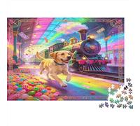 Golden Retriever Puzzle de 1000 Piezas Puzzle para Adultos Estación de Tren Colorida con Dulces Relajante Mejora Atención Interacción Familiar Regalo Decoración Hogar 38x26cm/1000pcs
