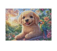 Golden Retriever Puzzles 300 Piezas Obra De Arte Decorativa Meadow Flora Dusk Rompecabezas Familiar para Adultos DIY Creativo Aliviar Estrés Portátil 300 PCS