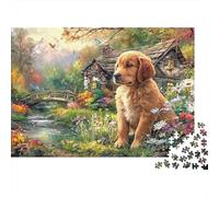 Golden Retriever Rompecabezas 1000 Piezas Regalo para Adultos Golden Retriever Cabaña Arroyo Flores, Premium Grueso Resistente, Desafiante Duro Alivio Estrés 52x38cm/1000pzs