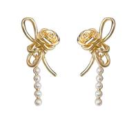 Golden Rose Bow Pendientes de perlas Diseño hipoalergénico y elegante Perfecto para el uso diario, reuniones y fiestas Regalo de cumpleaños Accesorios para mujeres