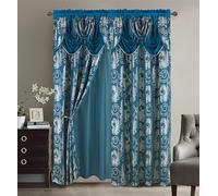 Golden Rugs Jana Collection - Cortina de Ventana (279 x 213 cm, Jacquard, con Cenefa y Respaldo para Dormitorio, Sala de Estar, Comedor, Color Turquesa y Plateado