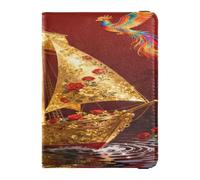 Golden Ship con rosas rojas y fénix de cuero para pasaporte y tarjeta de vacunación, cartera combinada para pasaporte de viaje con ranura para tarjeta de vacunación, funda para pasaporte para hombres