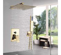 Golden Shower Faucet Set 10 Inch Rainfall Bathroom Shower Mixer Tap Wall Mount Square Handshower Concealed Install,