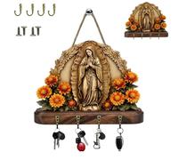 Golden Virgin Mary Key Holder,2D Flat Religious Wall Key Holder with 4 Hooks,Elegant Hanging Ornament Keys Organizer,Wooden Keychain Holders with Purpose for Farmhouse Entryway Home (1)