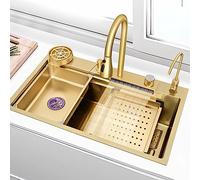 Golden Waterfall Sink - Large Stainless Steel Kitchen Sink with Glass Washer Single Bowl Design Complete Accessories Included 80x45cm Modern Kitchens
