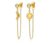 GOLDENCAT Pendientes de cadena, Pendientes luna y estrella, Pendientes con cadena y circonita, Pendientes colgantes, Largo 4 cm, Acero inoxidable, Zircon, Baño de oro 18k