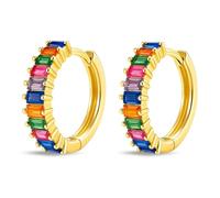 GOLDENCAT Pendientes Magic Dorados, Pendientes Aro Circonitas, Aros Pequeños con Piedras, Argollas Zircon, Aretes, Diámetro aro 15 mm, Grosor del aro 2 mm, Plata de Ley 925 Baño Oro, Zircon Color