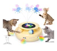 GoldenSun Juguetes interactivos 3 en 1 para gatos de interior para adultos de 2000 mAh, bolas de energía recargables tipo C y juguete de plumas de gato mariposa hecho a mano, encendido/apagado