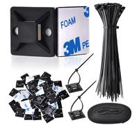 GOLDEROC Gestión de Cables, 100 Piezas Bridas de Plástico Negras, 70 Piezas Bridas de Plástico Soportes Base Adhesiva (2,8 cm × 2,8 cm), Brida de Cables de Nylon Adhesiva Reutilizable de 2,5 M