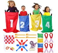 GOLDGE Outdoor Juegos para niños, 32 sacos saltadores, juego con 4 sacos saltadores, 4 sacos de arena, 4 rayas y 4 medallas de plástico, set de fiesta para niños a partir de 3 años