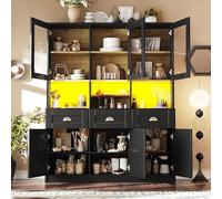 Goldicoo Armario de cocina con iluminación LED, 140 x 40 x 175 cm, armario alto de madera MDF, color blanco/negro, estantes ajustables en altura, control por aplicación