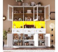 Goldicoo Armario de cocina con iluminación LED, 140 x 40 x 175 cm, armario alto de madera MDF, color blanco/negro, estantes ajustables en altura, control por aplicación