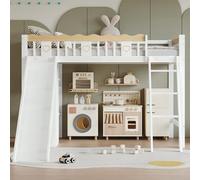 Goldicoo Cama alta con tobogán, armario y armario de almacenamiento, valla de cuatro lados, madera contrachapada de pino MDF, blanco natural, 90 x 200 cm