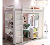 Goldicoo Cama alta para niños, 90 x 200 cm, color blanco, madera, con estantes de varios niveles, perchas, compartimentos, carrito organizador extraíble, mucho espacio de almacenamiento, 205 x 95 x