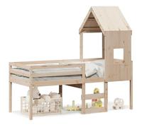 Goldicoo Cama alta para niños de madera maciza con medio techo, madera de pino, escalera de 2 o 3 peldaños, protección contra caídas y protección antivuelco, color marrón cera natural, blanco, 75 x
