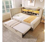 Goldicoo Cama tapizada, cama infantil, 90 x 200 cm, con cama nido de 90 x 190 cm, iluminación LED, cabecero en forma de L con espacio de almacenamiento, montaje por ambos lados, somier, lino beige
