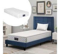 Goldicoo Cama tapizada con cabecero acolchado, cama individual de 90 x 200 cm, lino azul, con somier de láminas y colchón de muelles de 7 zonas, estructura de cama de 97 x 208 x 111 cm