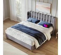 Goldicoo Cama tapizada con carga USB-C para cama de matrimonio de 140 x 200 cm, color gris, 140 x 200 cm, con somier, cama tapizada para dormitorio y habitación de invitados, 153 x 208 x 103 cm