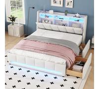 Goldicoo Cama tapizada con iluminación LED, 140 x 200 cm, lino beis, con mando a distancia por aplicación, puertos USB, cajones y compartimento de almacenamiento, diseño moderno, 224 x 153 x 110 cm