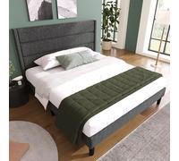 Goldicoo Cama tapizada con somier de láminas de 140 x 200 cm para cama de matrimonio tapizada con cabecero de cama de lino gris oscuro, diseño moderno, 146 x 210 x 111 cm