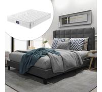 Goldicoo Cama tapizada con somier de láminas y colchón de muelles, 140 x 200 cm, lino gris, cabecero acolchado, cama doble con colchón de 7 zonas, 146 x 208 x 111 cm